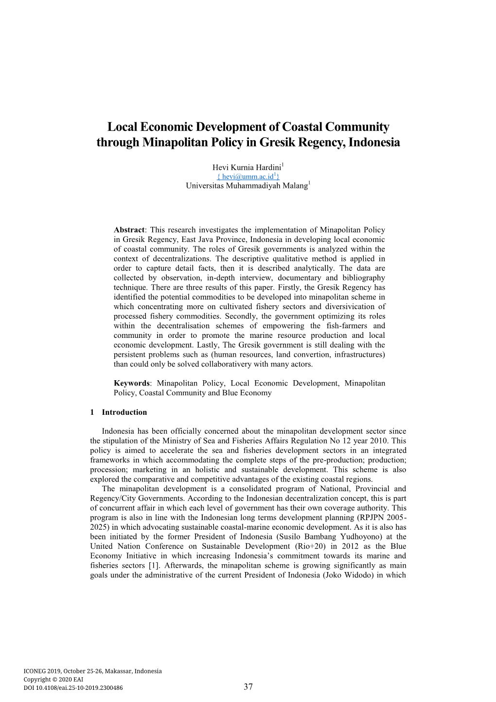 Local Economic Development of Coastal Community Through Minapolitan Policy in Gresik Regency, Indonesia