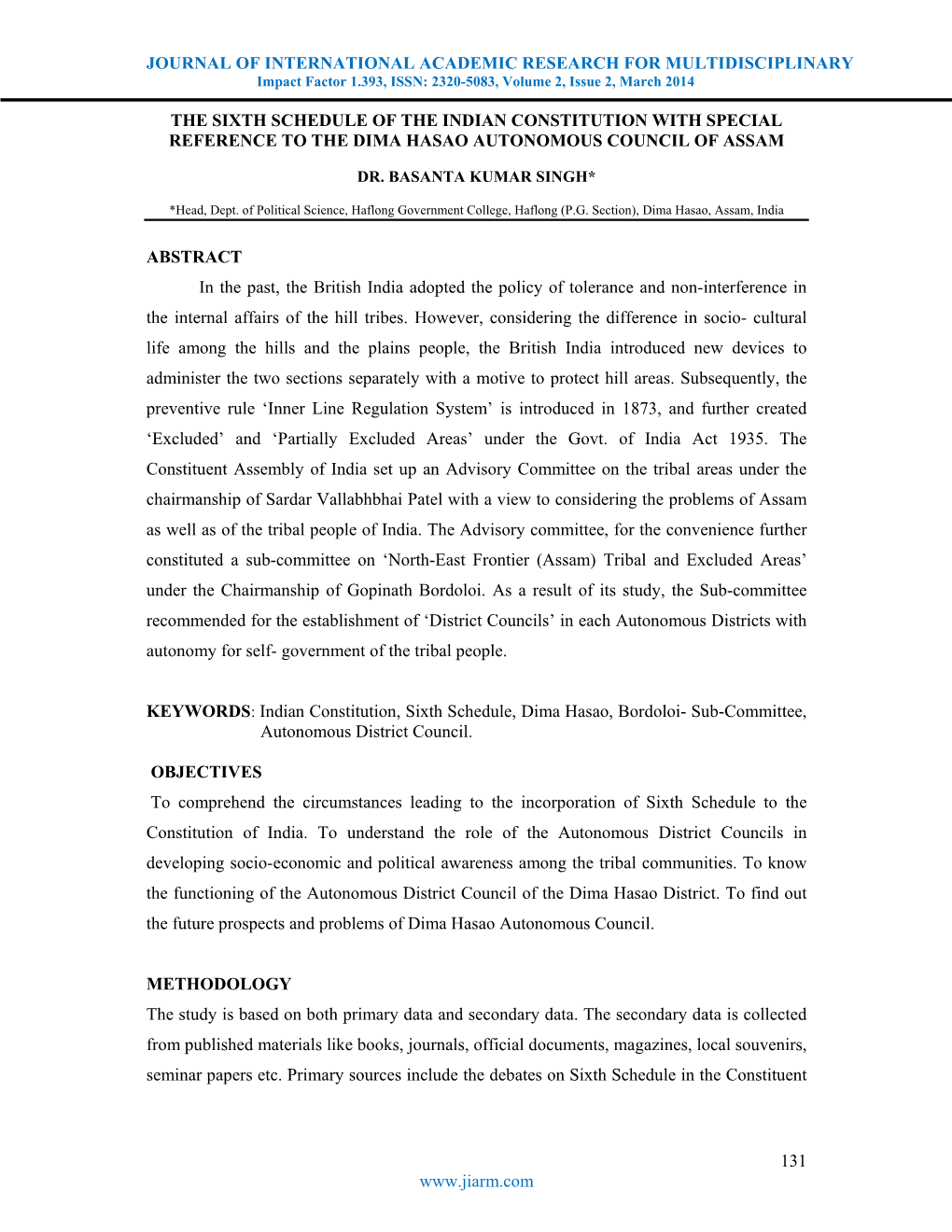 The Sixth Schedule of the Indian Constitution with Special Reference to the Dima Hasao Autonomous Council of Assam