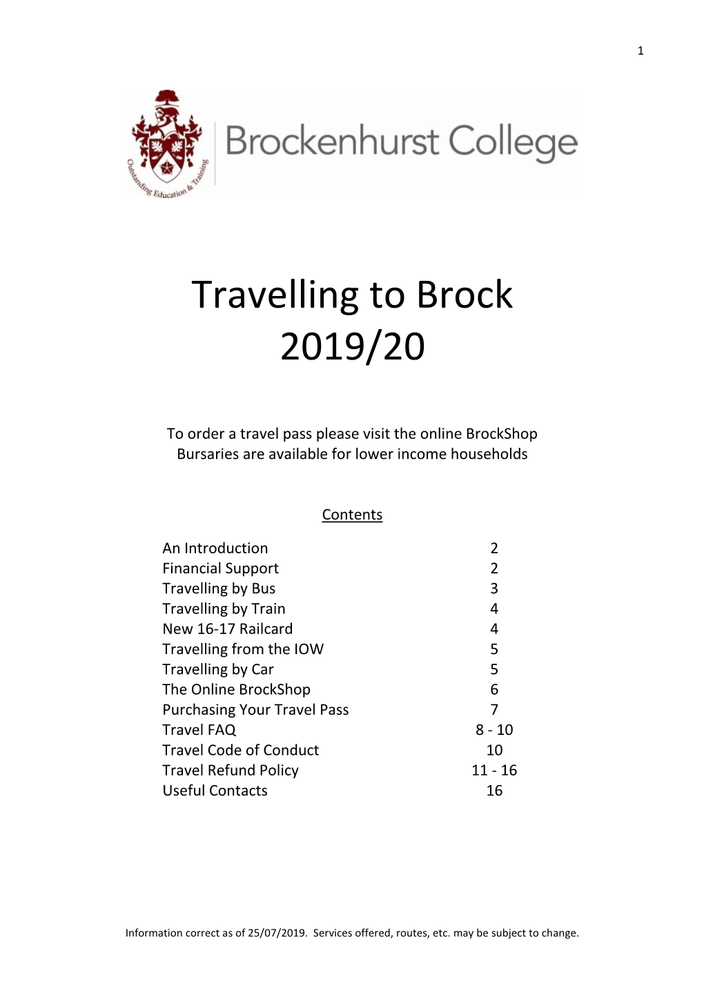 Travelling to Brock 2019/20