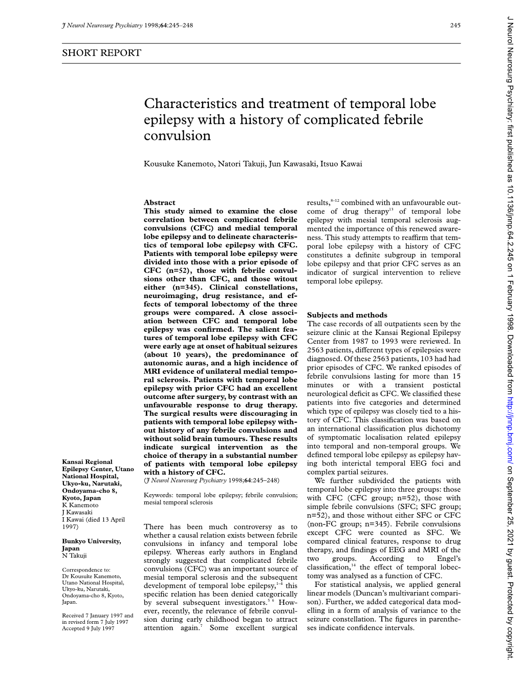 Characteristics and Treatment of Temporal Lobe Epilepsy with a History of Complicated Febrile Convulsion