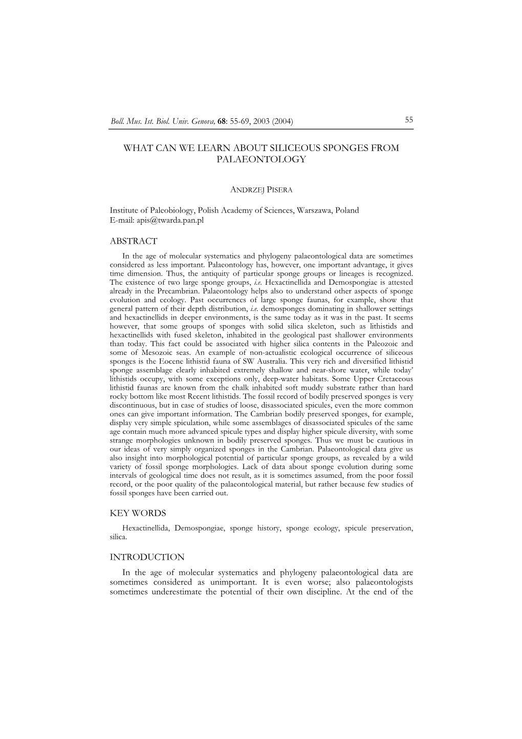 What Can We Learn About Siliceous Sponges from Palaeontology