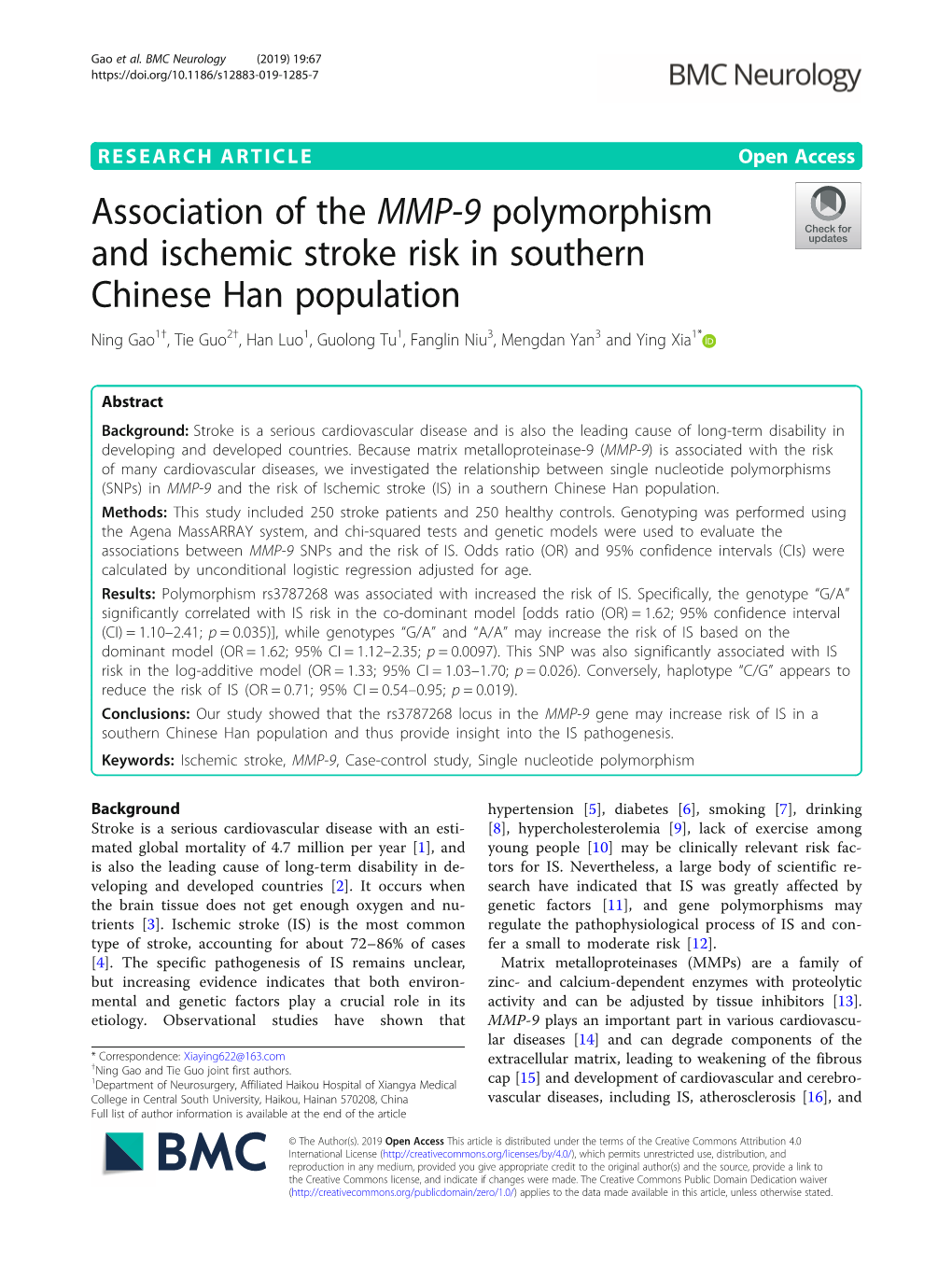 Association of the MMP-9 Polymorphism and Ischemic Stroke