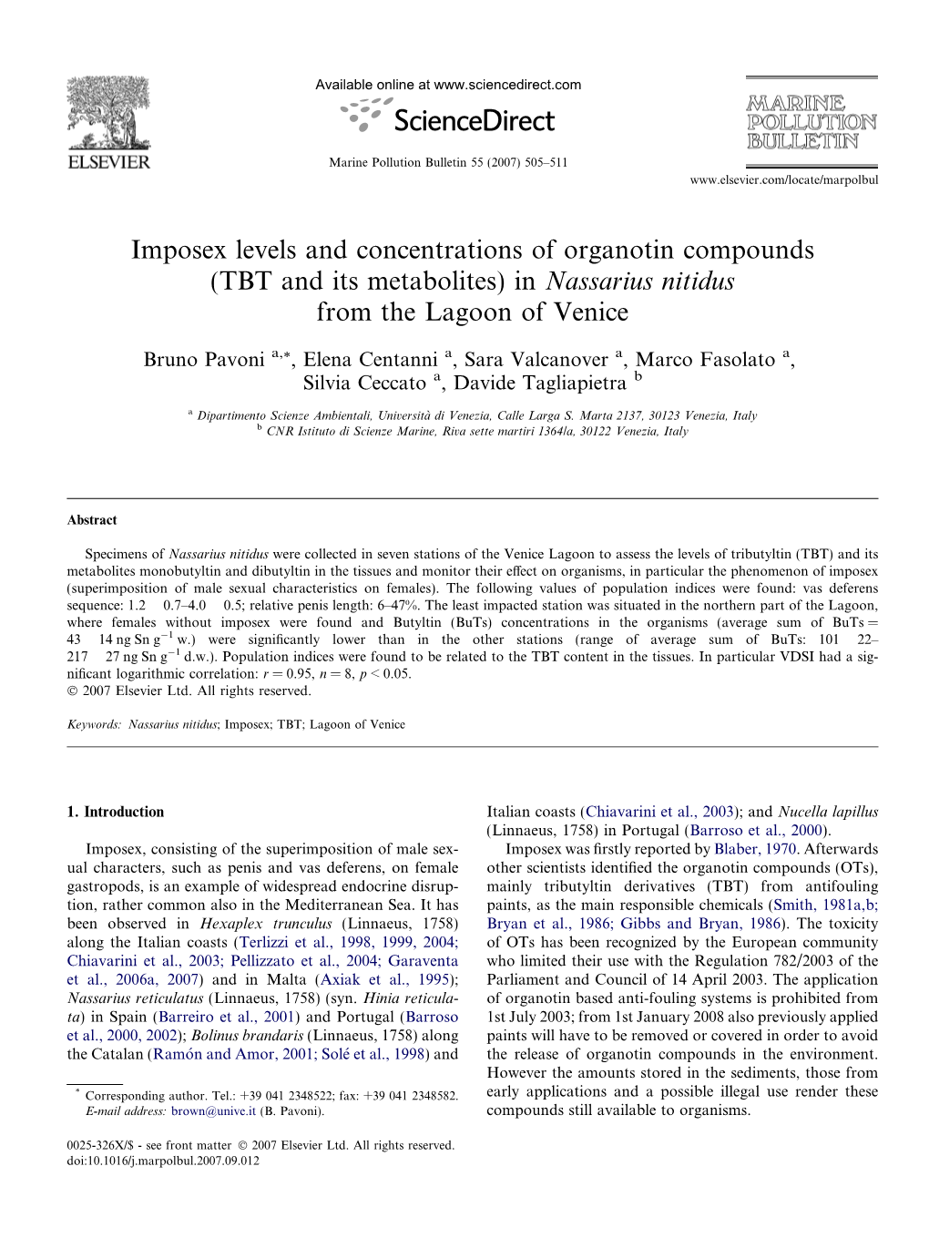 Imposex Levels and Concentrations of Organotin Compounds (TBT and Its Metabolites) in Nassarius Nitidus from the Lagoon of Venice
