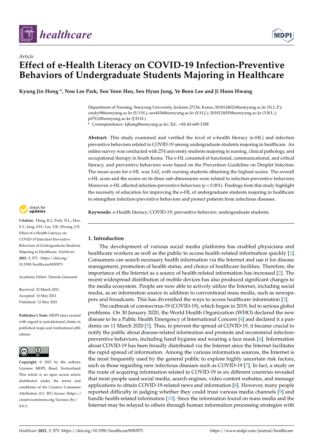 Effect of E-Health Literacy on COVID-19 Infection-Preventive Behaviors of Undergraduate Students Majoring in Healthcare