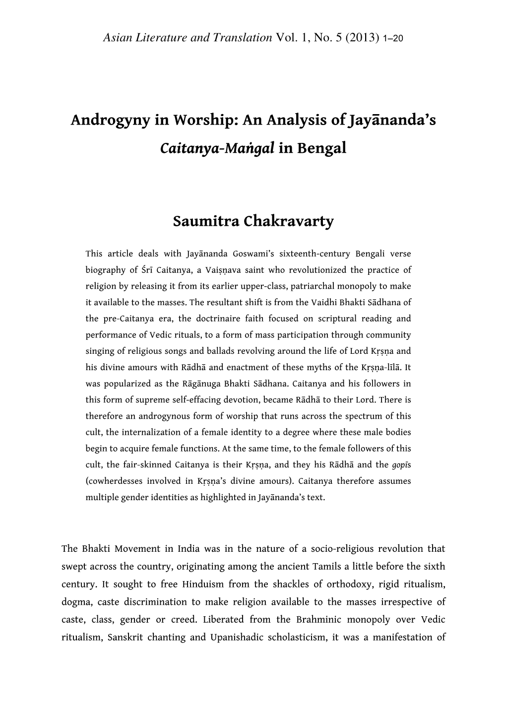 Androgyny in Worship: an Analysis of Jayānanda’S Caitanya-Maṅgal in Bengal
