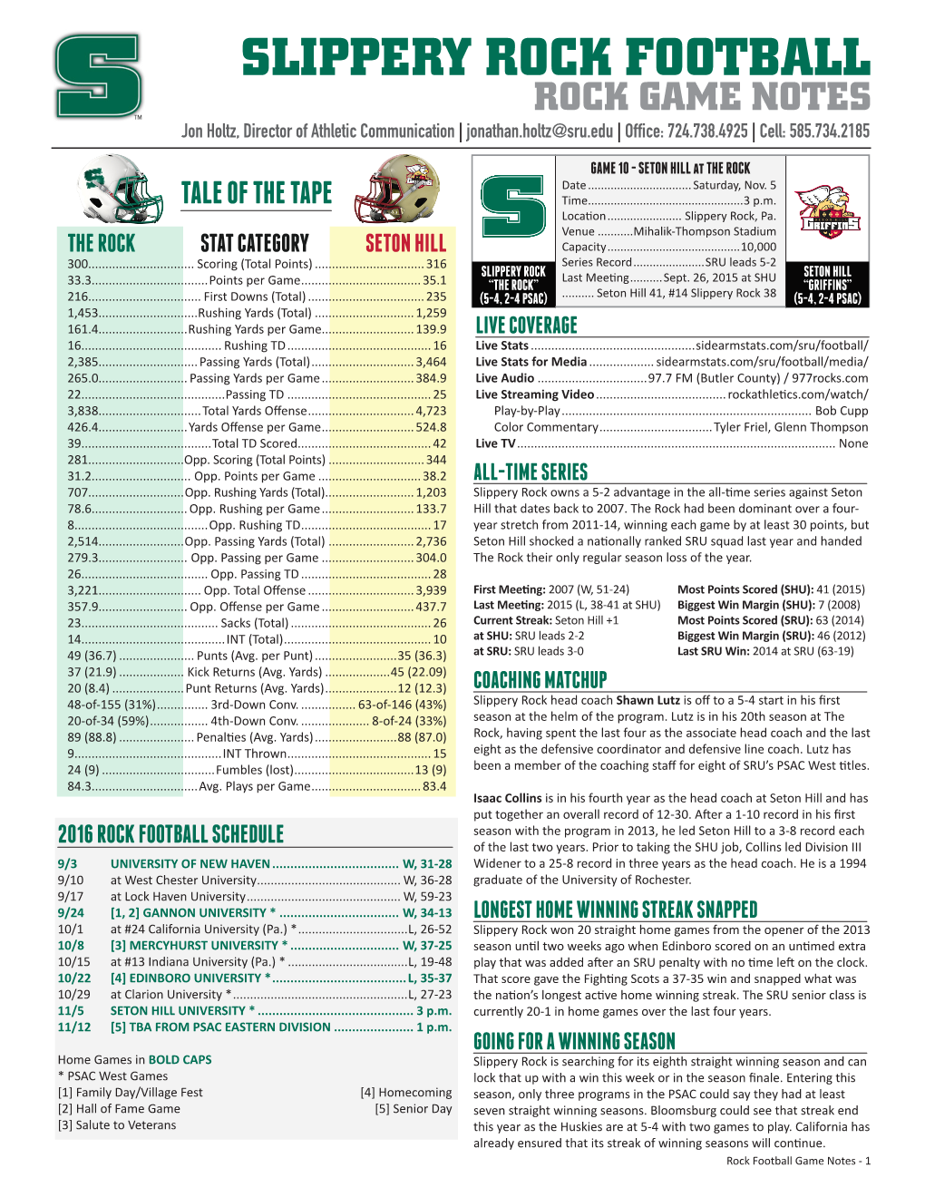 SLIPPERY ROCK FOOTBALL ROCK GAME NOTES Jon Holtz, Director of Athletic Communication | Jonathan.Holtz@Sru.Edu | Office: 724.738.4925| Cell: 585.734.2185