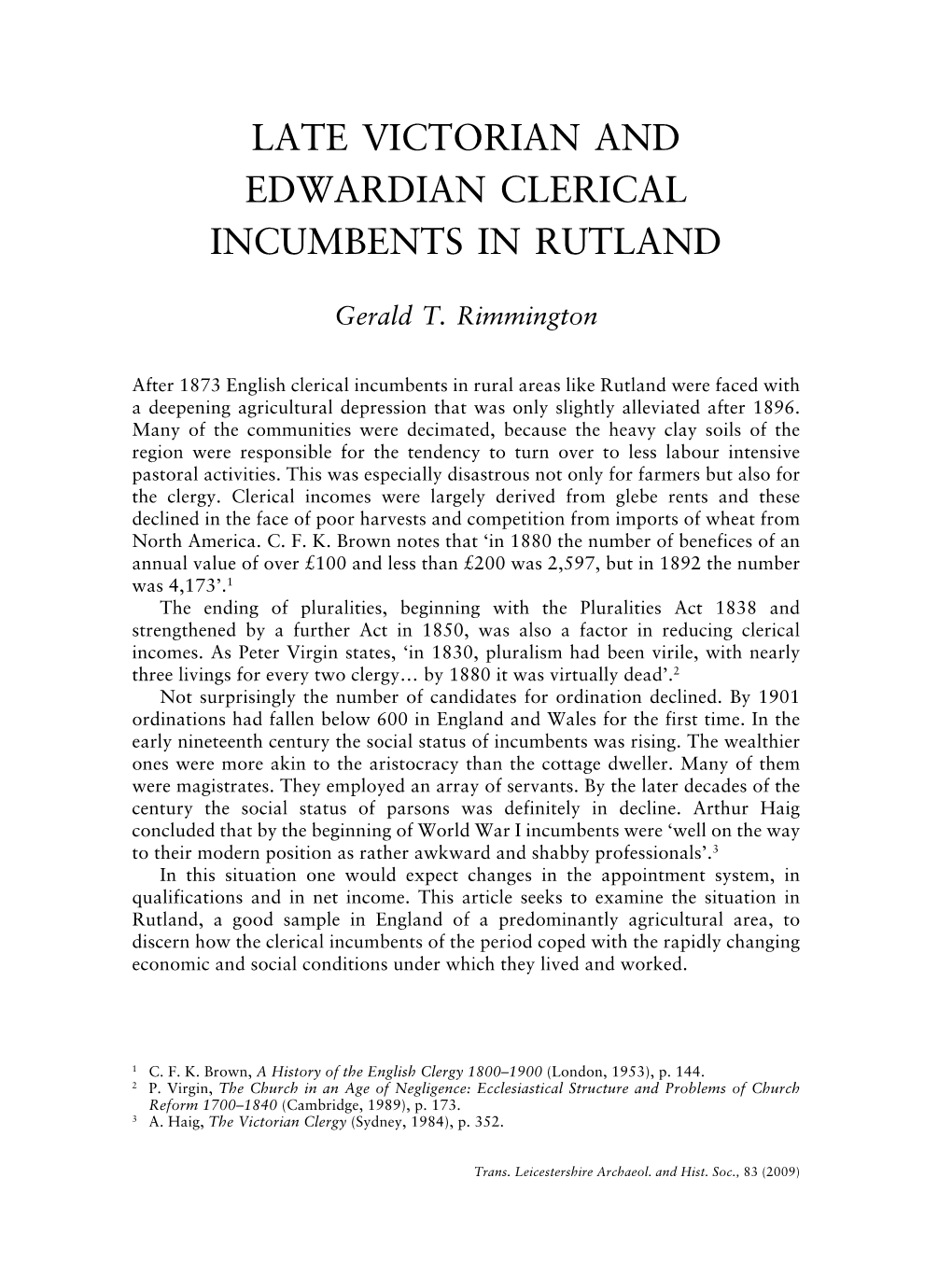 Late Victorian and Clerical Incumbents in Rutland Pp.219-228