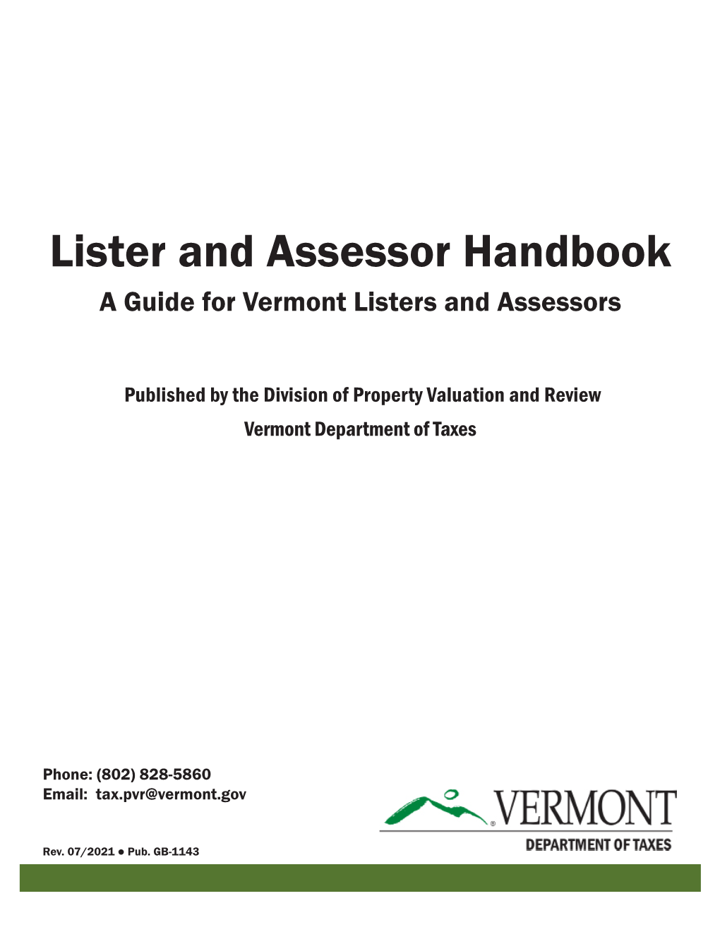 Lister and Assessor Handbook a Guide for Vermont Listers and Assessors