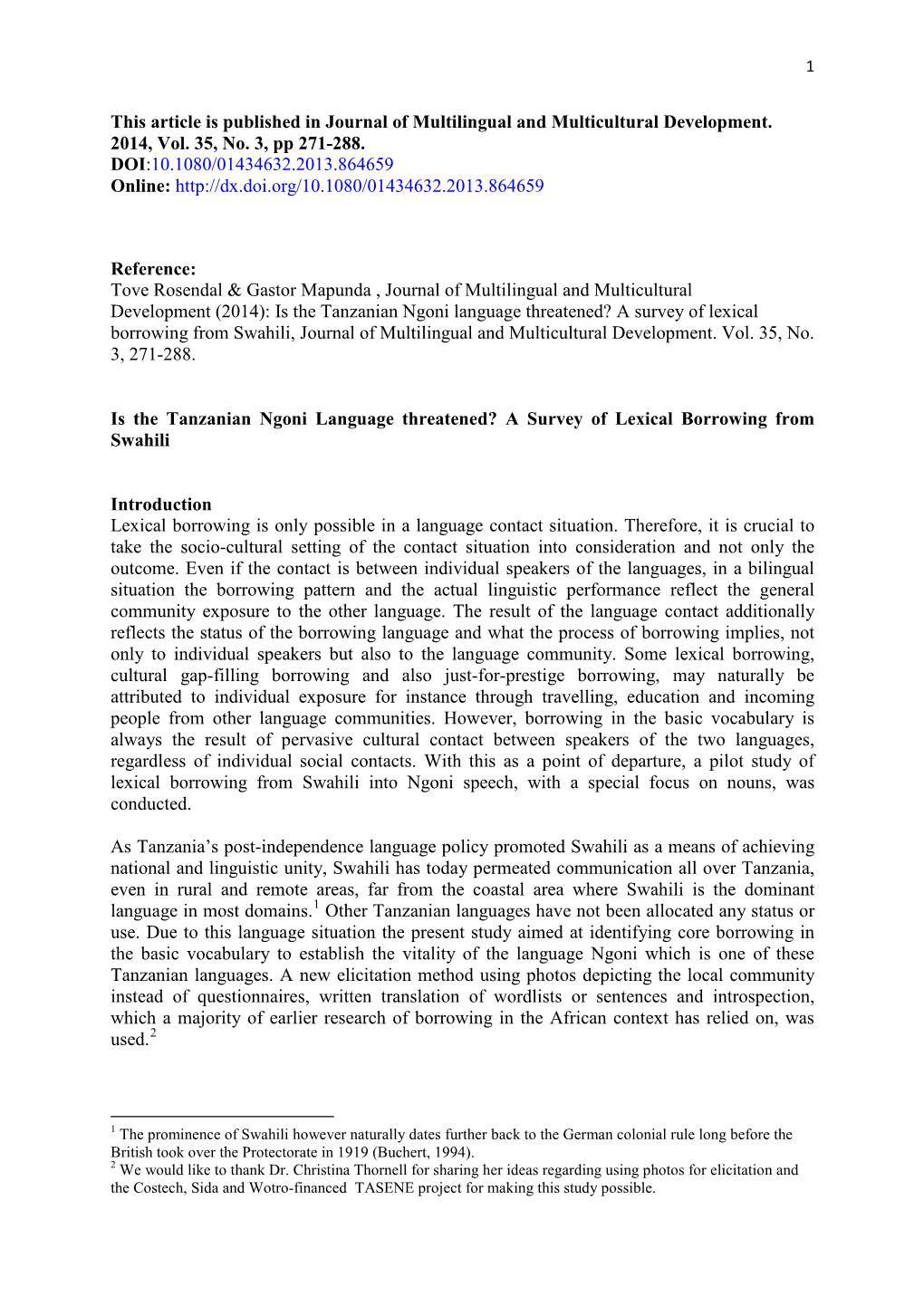 Is the Tanzanian Ngoni Language Threatened? a Survey of Lexical Borrowing from Swahili, Journal of Multilingual and Multicultural Development