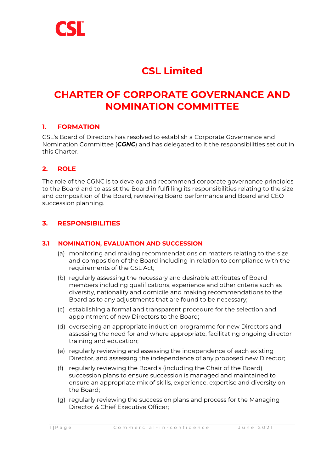 CSL Limited CHARTER of CORPORATE GOVERNANCE AND