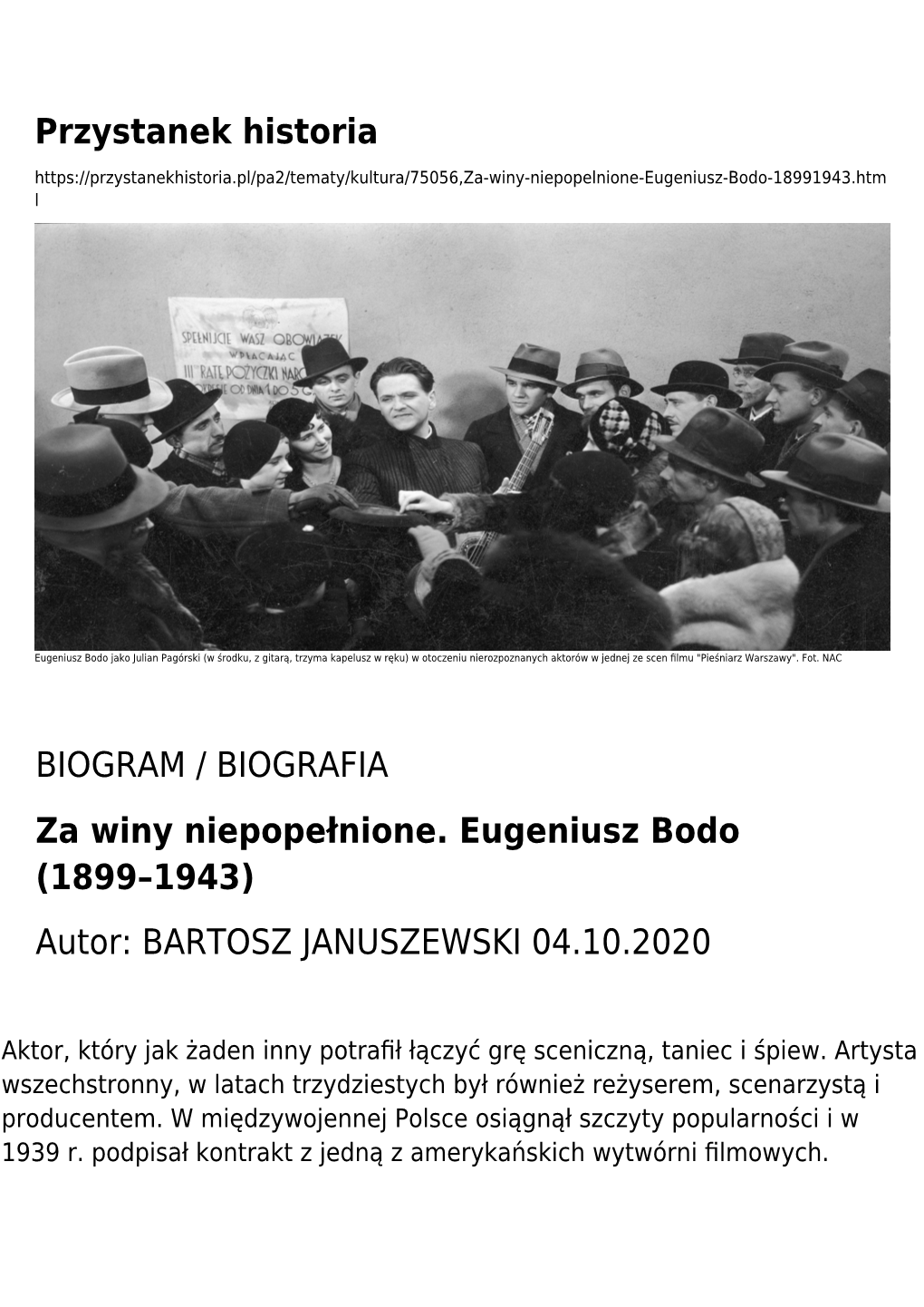 Za Winy Niepopełnione. Eugeniusz Bodo (1899–1943) Autor: BARTOSZ JANUSZEWSKI 04.10.2020