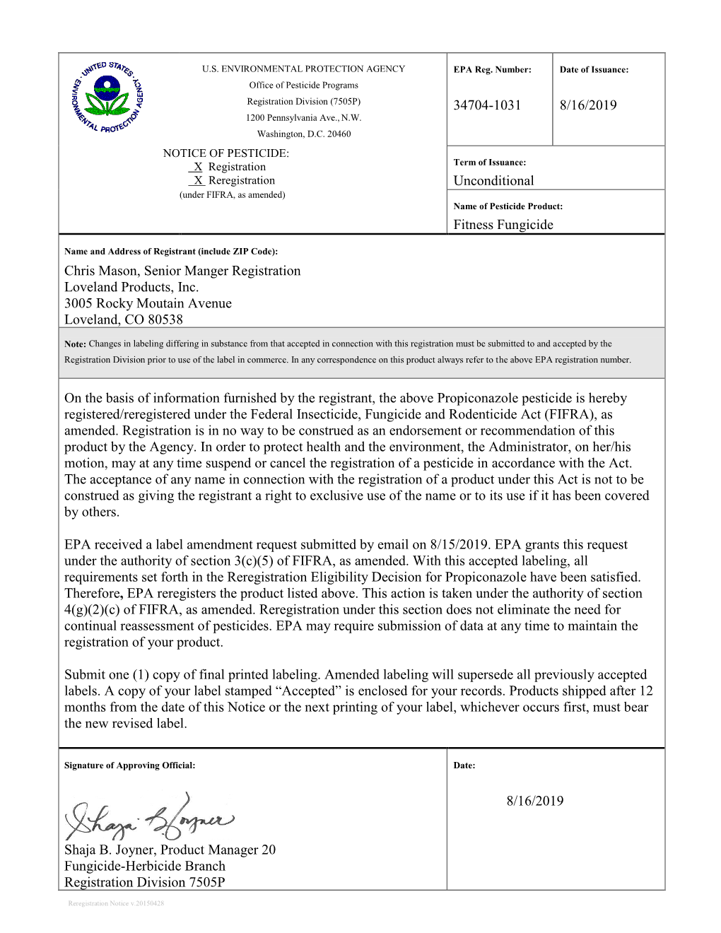 US EPA, Pesticide Product Label, FITNESS FUNGICIDE,08/16/2019