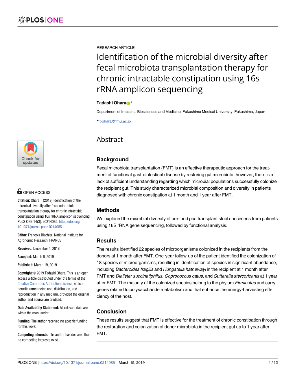 Identification of the Microbial Diversity After Fecal Microbiota Transplantation Therapy for Chronic Intractable Constipation Using 16S Rrna Amplicon Sequencing