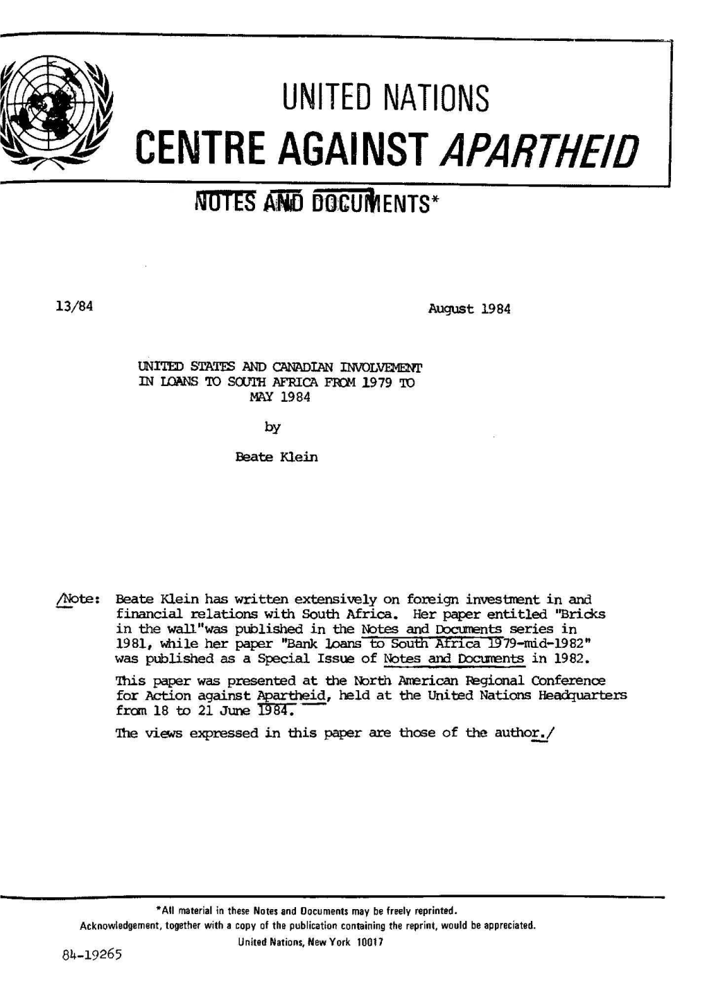 CENTRE AGAINST APARTHEID Notes Anid Nocuit1ents*