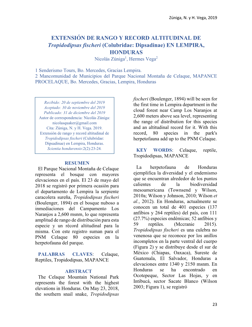 EXTENSIÓN DE RANGO Y RECORD ALTITUDINAL DE Tropidodipsas Fischeri (Colubridae: Dipsadinae) EN LEMPIRA, HONDURAS Nicolás Zúniga1, Hermes Vega2