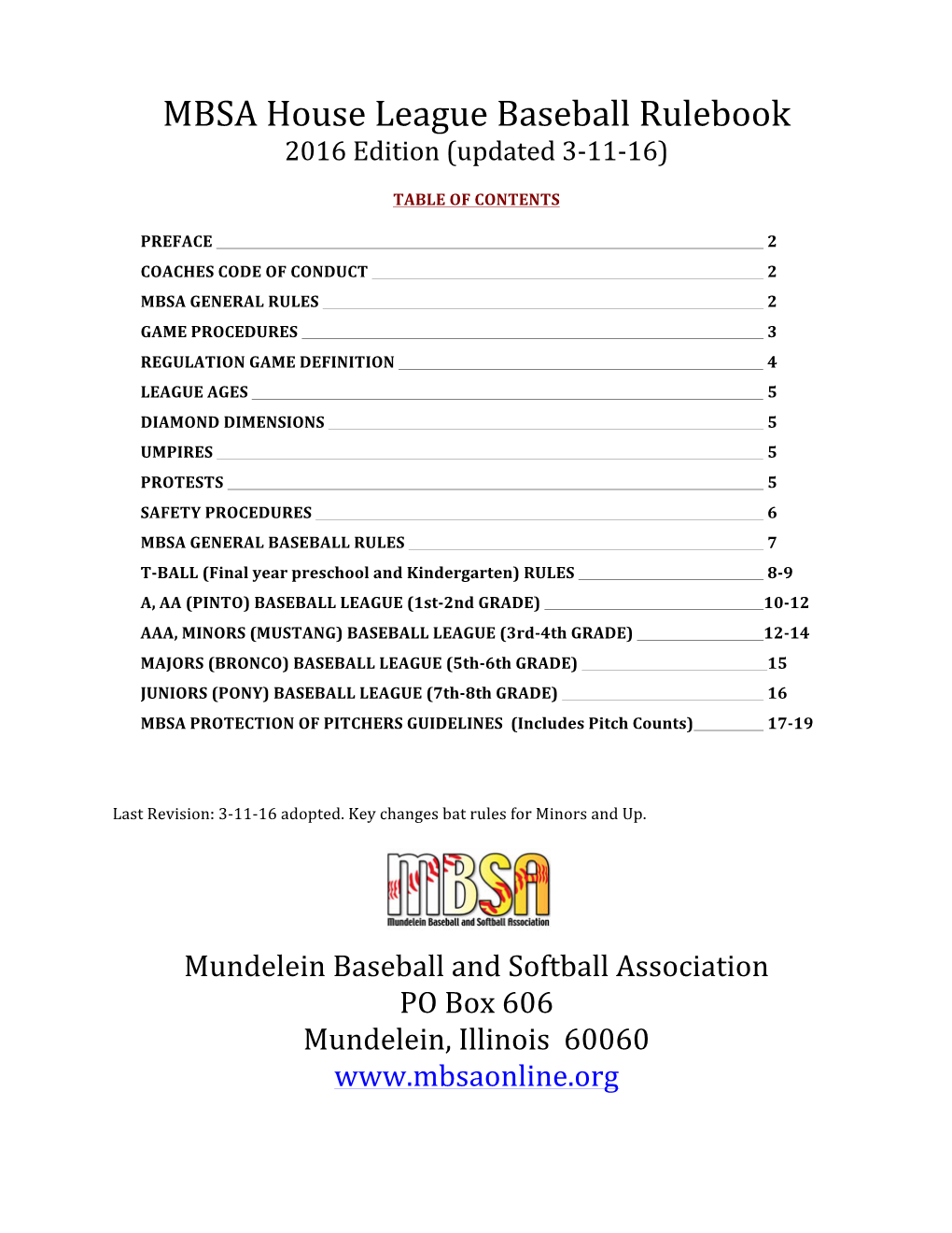 MBSA House League Baseball Rulebook 2016 Edition (Updated 3-11-16)