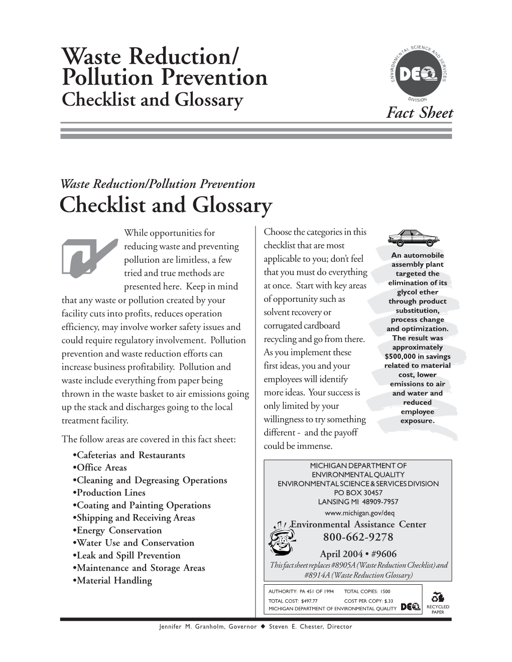 Waste Reduction/ Pollution Prevention Checklist and Glossary Fact Sheet