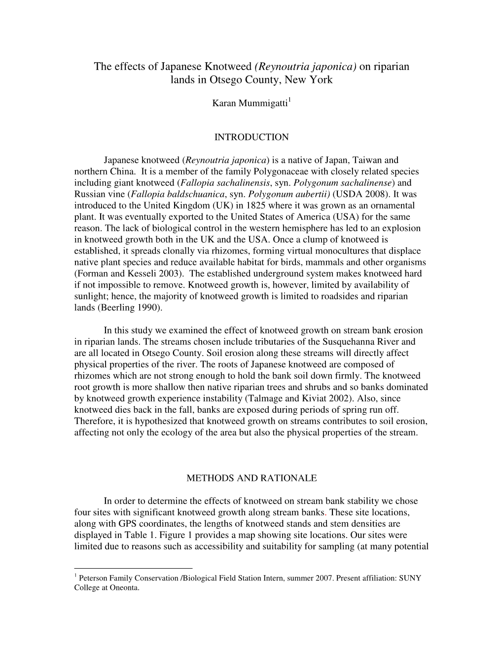 The Effects of Japanese Knotweed (Reynoutria Japonica) on Riparian Lands in Otsego County, New York