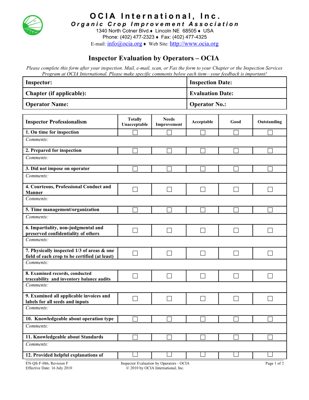 OCIA Associate Inspector Evaluation Form