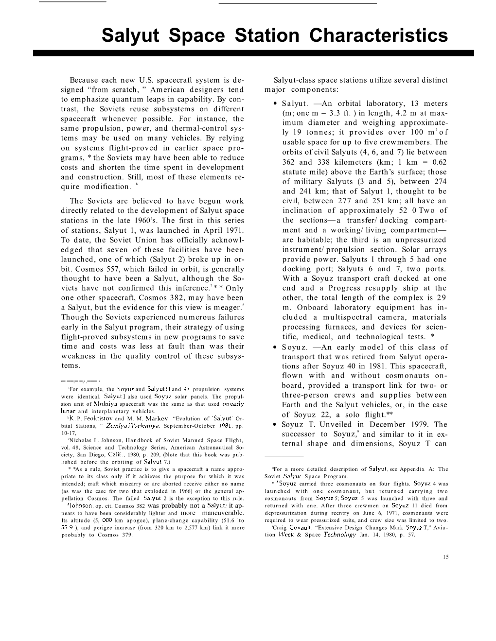 Salyut Space Station Characteristics