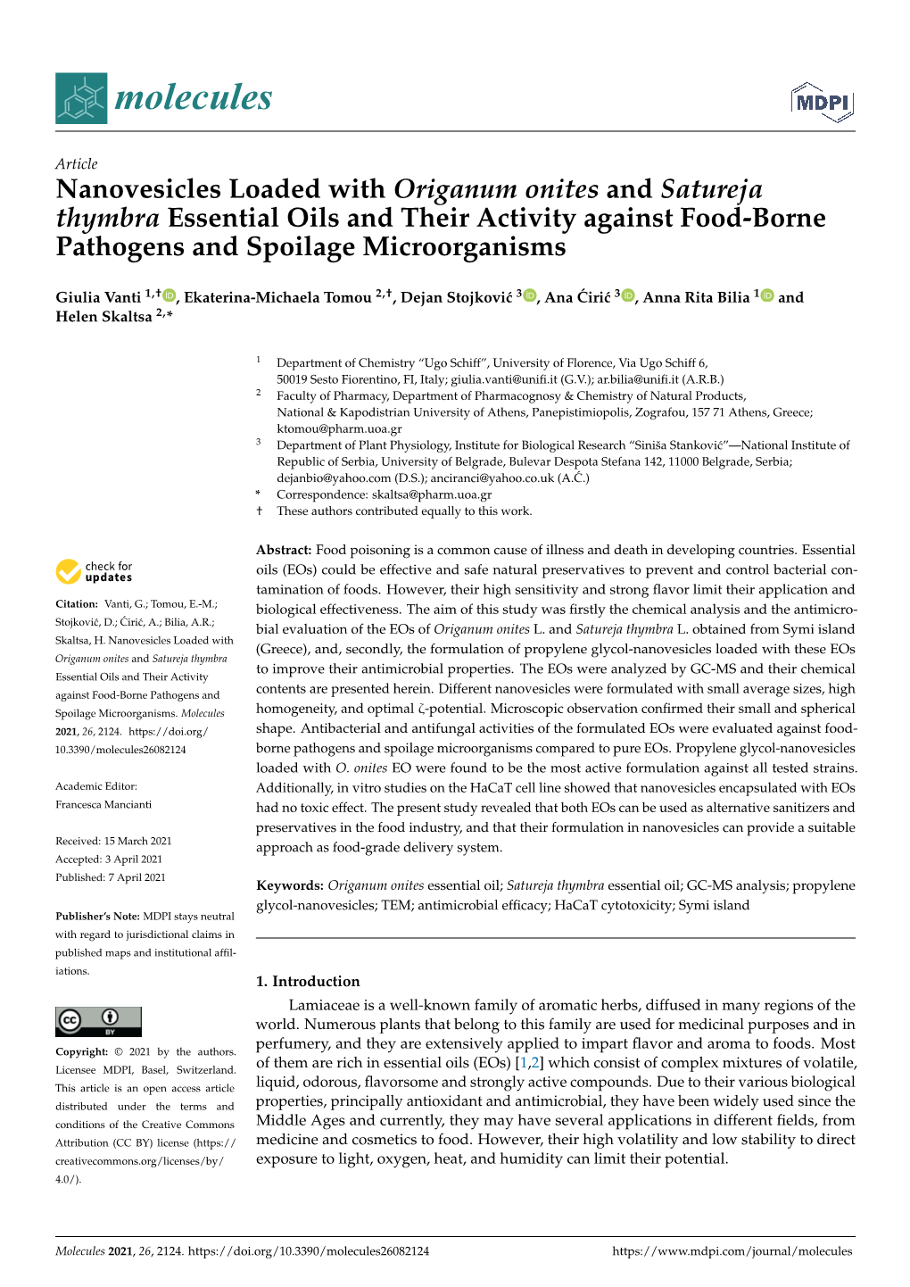 Nanovesicles Loaded with Origanum Onites and Satureja Thymbra Essential Oils and Their Activity Against Food-Borne Pathogens and Spoilage Microorganisms