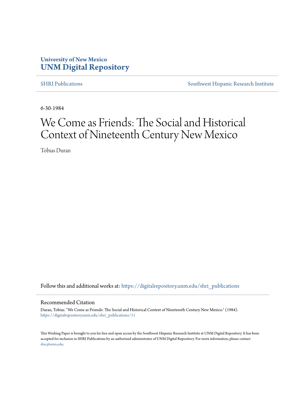 The Social and Historical Context of Nineteenth Century New Mexico