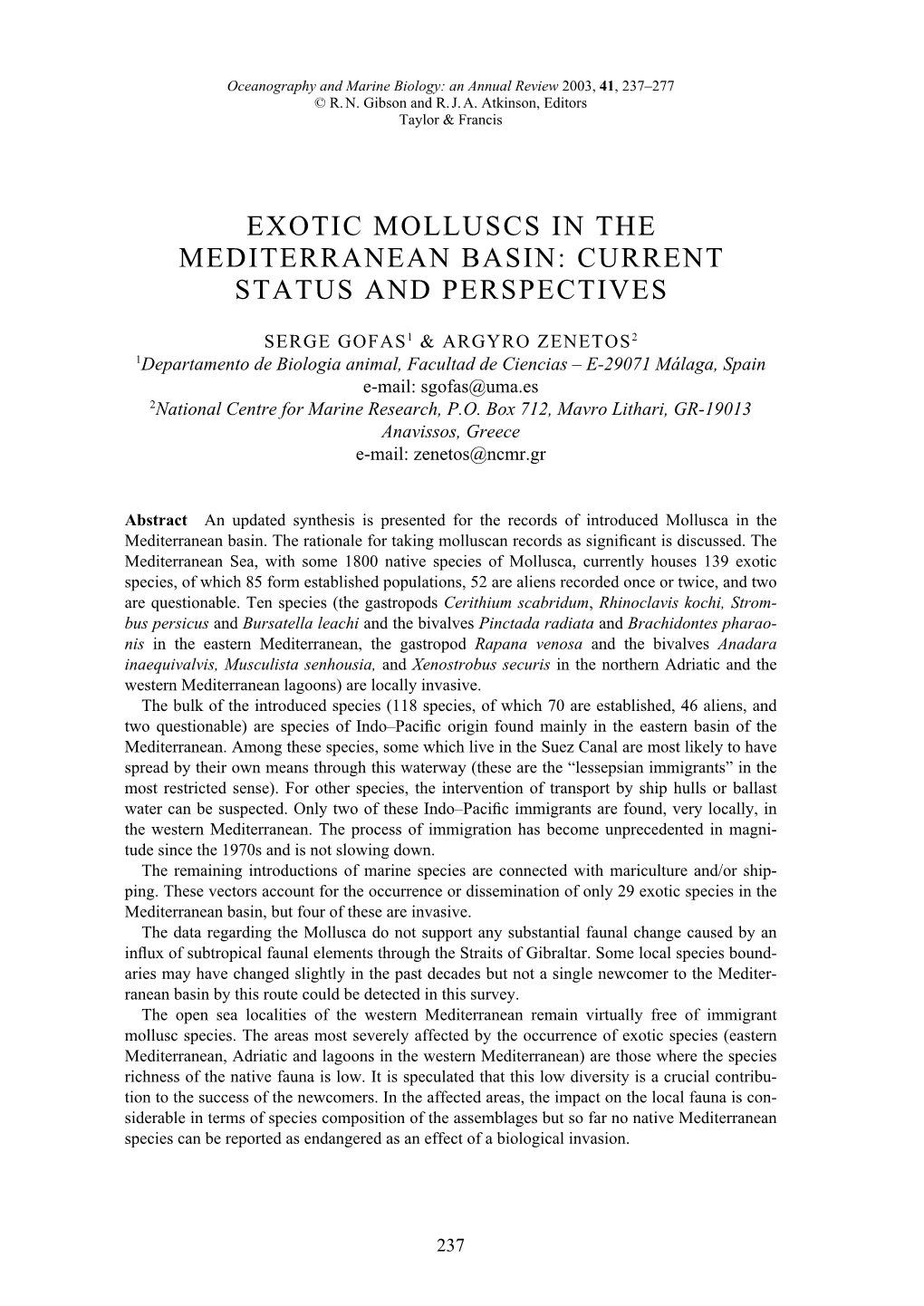 Exotic Molluscs in the Mediterranean Basin: Current Status and Perspectives