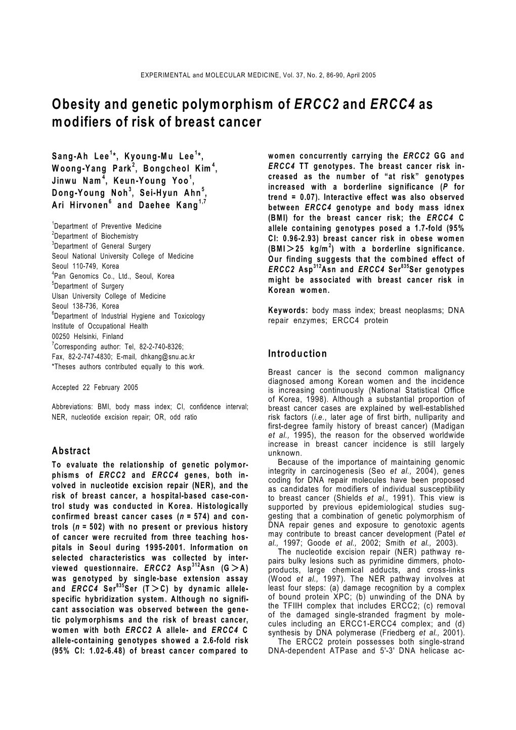 Obesity and Genetic Polymorphism of ERCC2 and ERCC4 As Modifiers of Risk of Breast Cancer