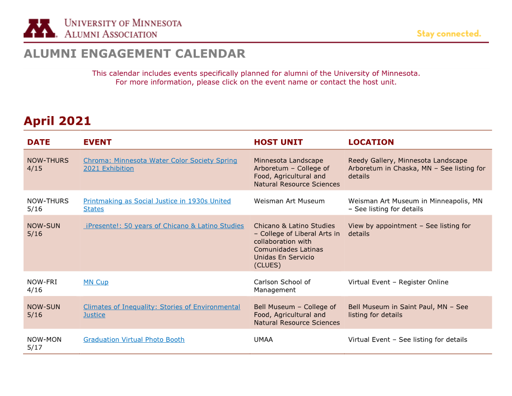 ALUMNI ENGAGEMENT CALENDAR April 2021