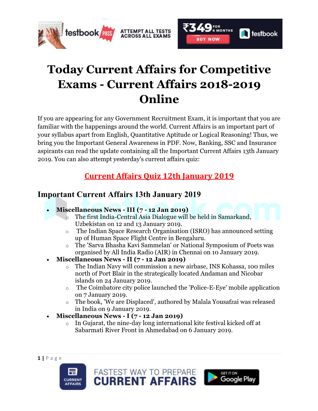 Today Current Affairs for Competitive Exams - Current Affairs 2018-2019 Online