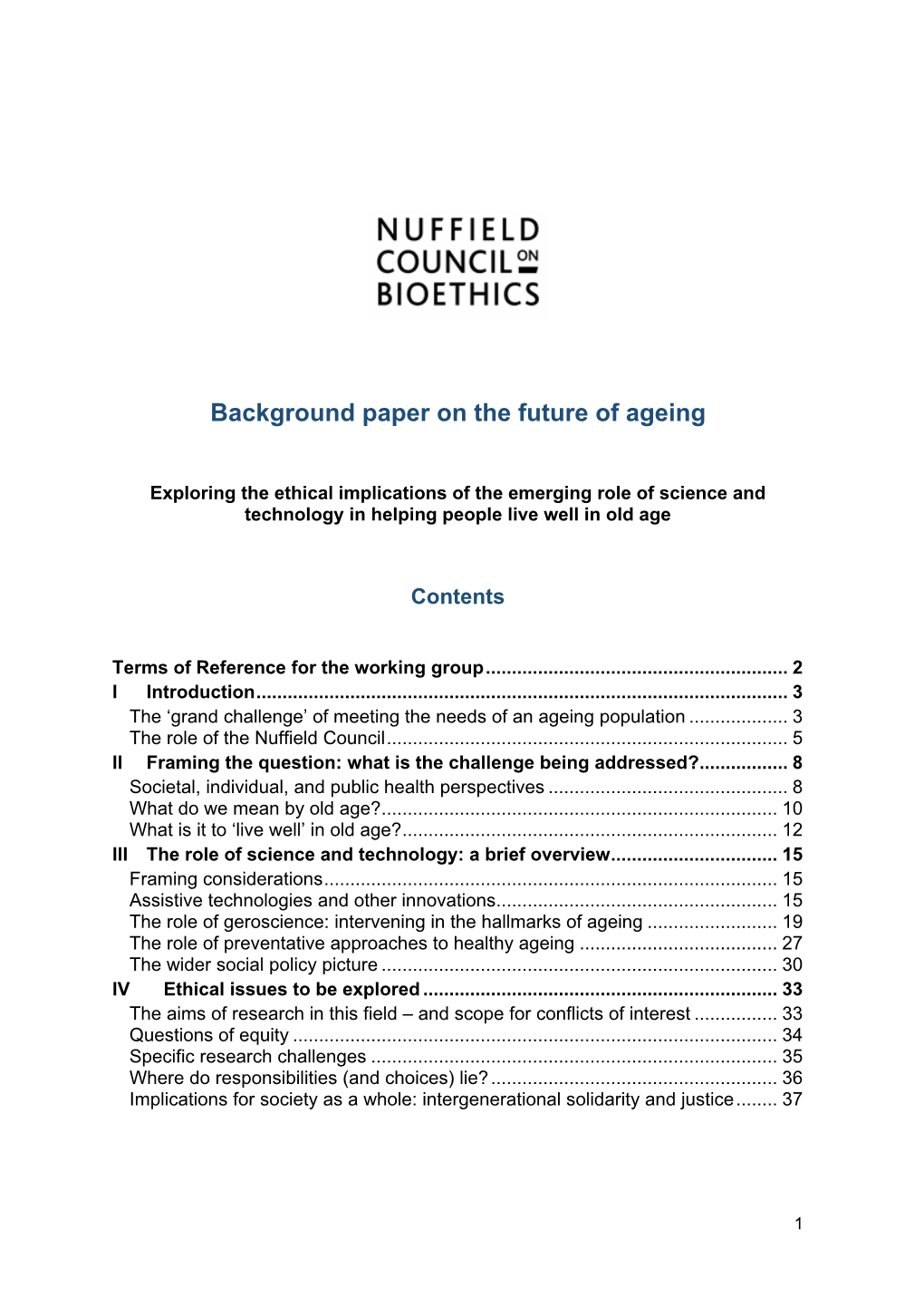 Background Paper on the Future of Ageing