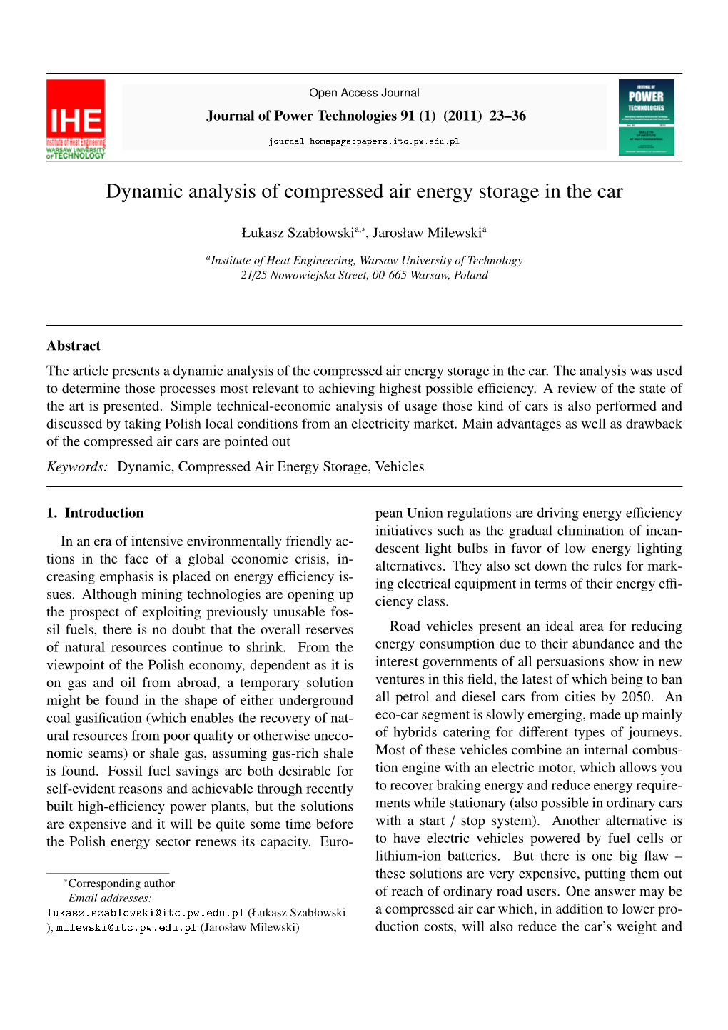 Dynamic Analysis of Compressed Air Energy Storage in the Car