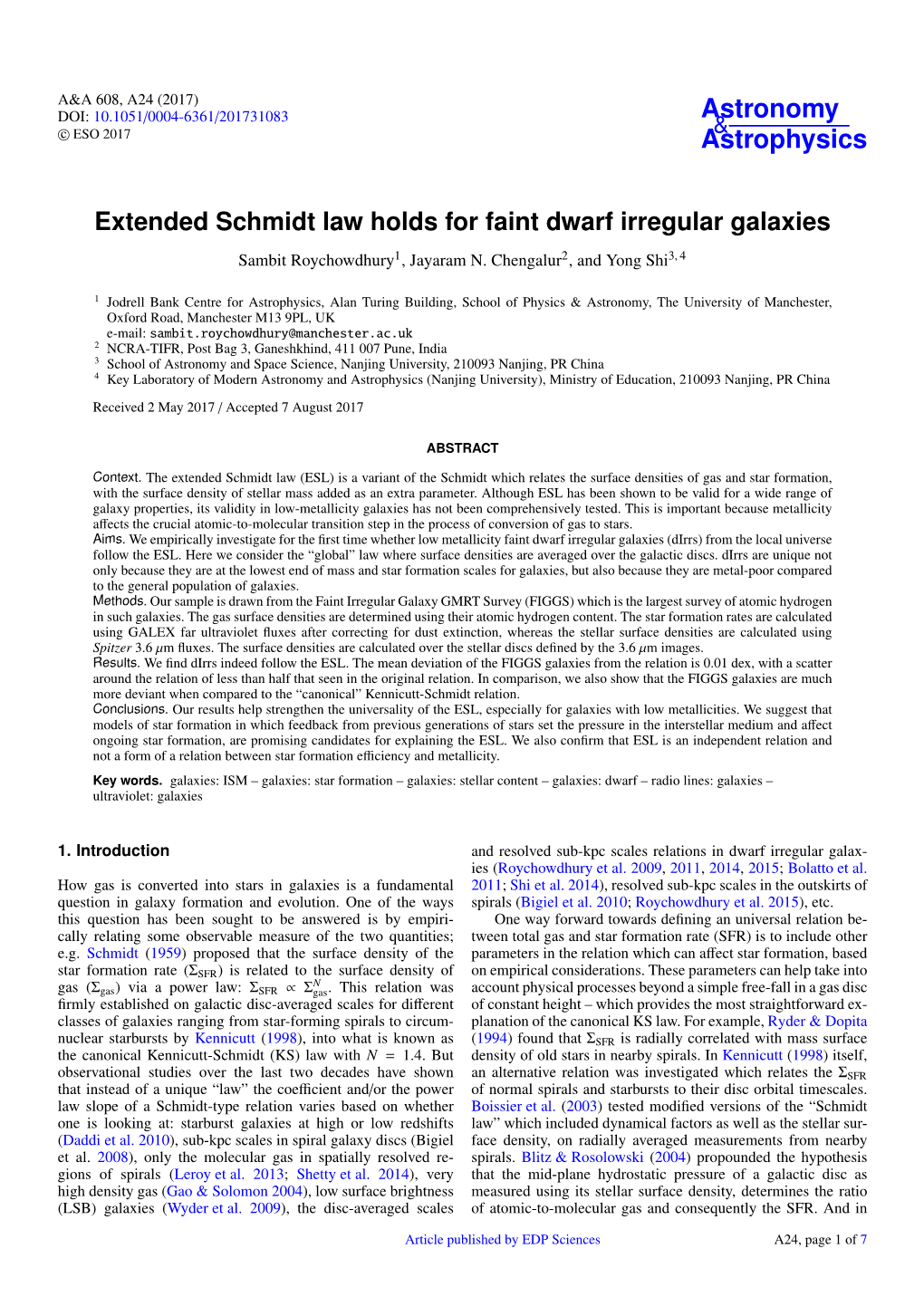 Extended Schmidt Law Holds for Faint Dwarf Irregular Galaxies Sambit Roychowdhury1, Jayaram N