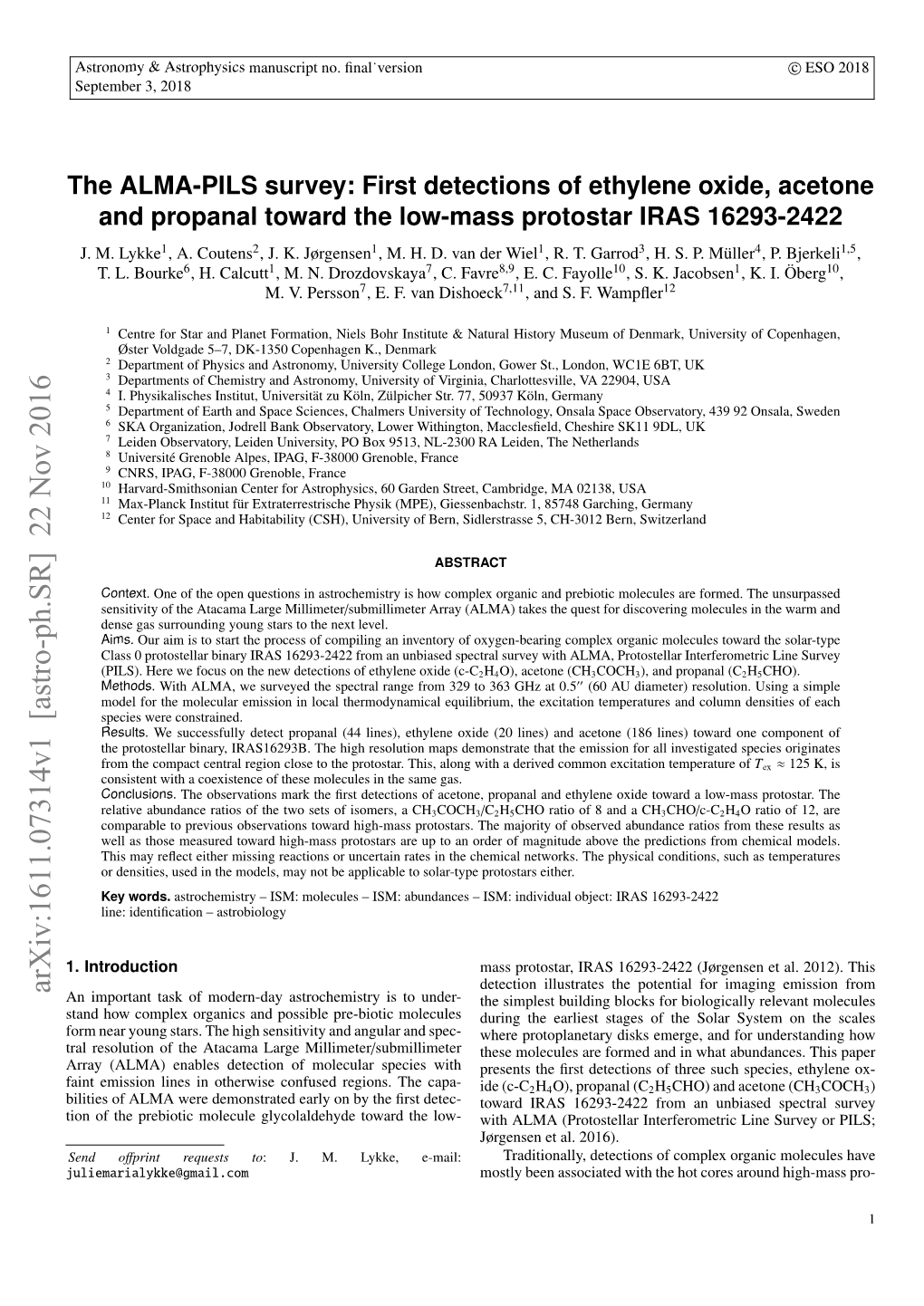 The ALMA-PILS Survey: First Detections of Ethylene Oxide, Acetone and Propanal Toward the Low-Mass Protostar IRAS 16293-2422 J