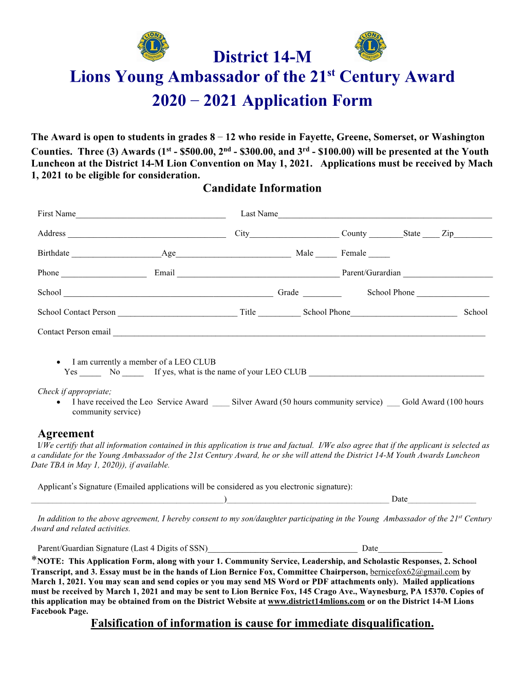 District 14-M Lions Young Ambassador of the 21St Century Award 2020 – 2021 Application Form