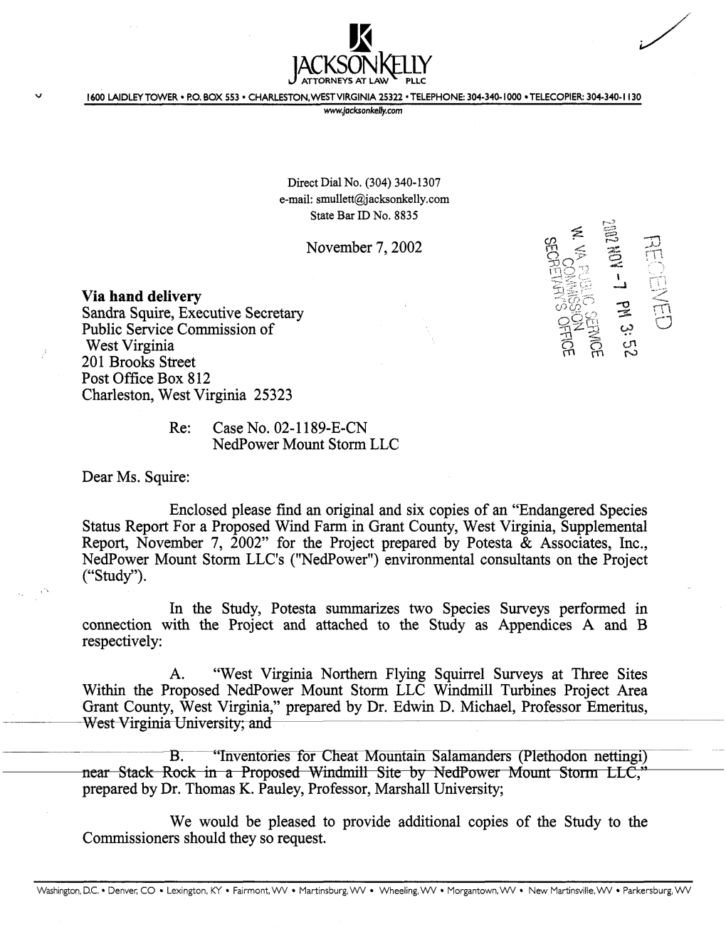 November 7,2002 Sandra Squire, Executive Secretary Public Service