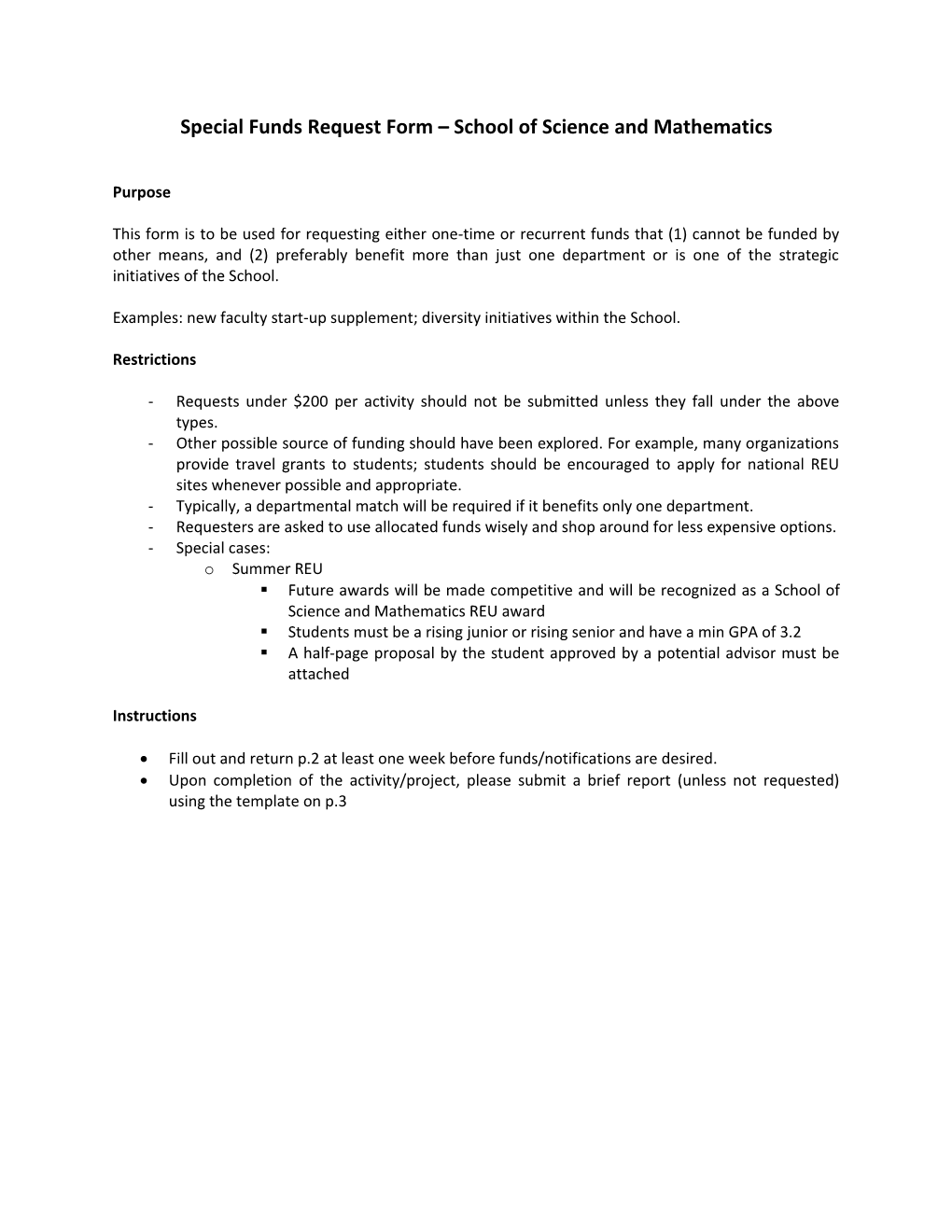 Special Funds Request Form School of Science and Mathematics