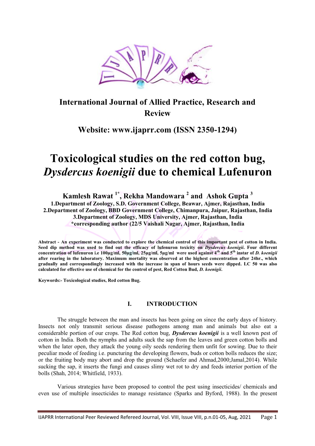 Toxicological Studies on the Red Cotton Bug, Dysdercus Koenigii Due to Chemical Lufenuron