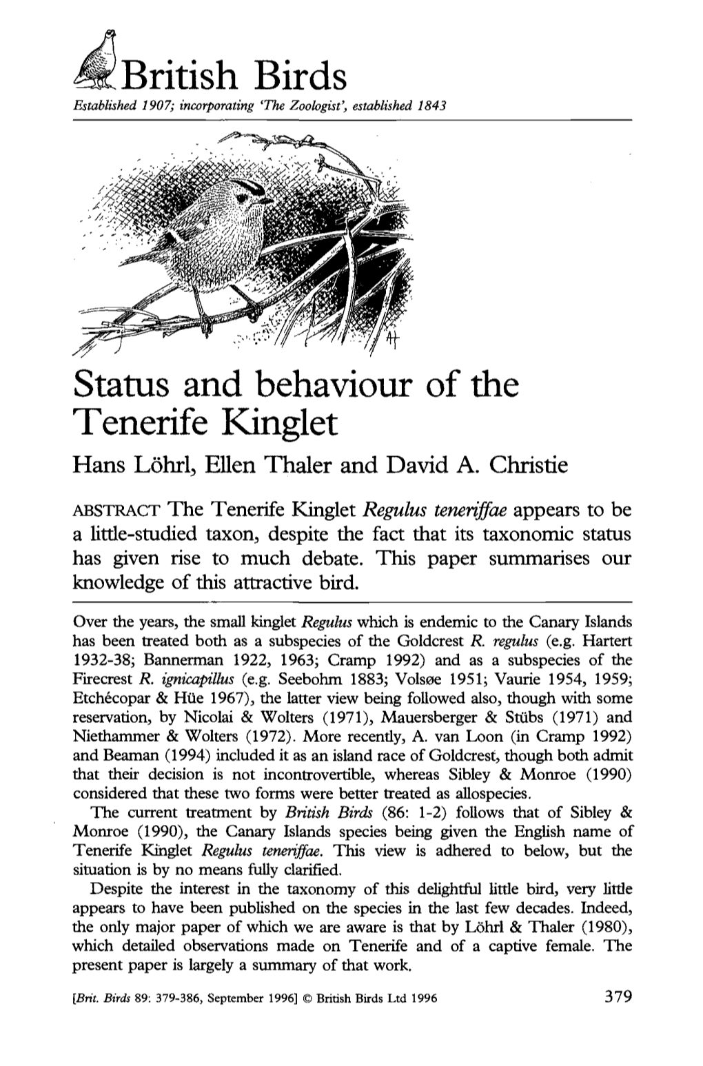 British Birds Status and Behaviour of the Tenerife Kinglet