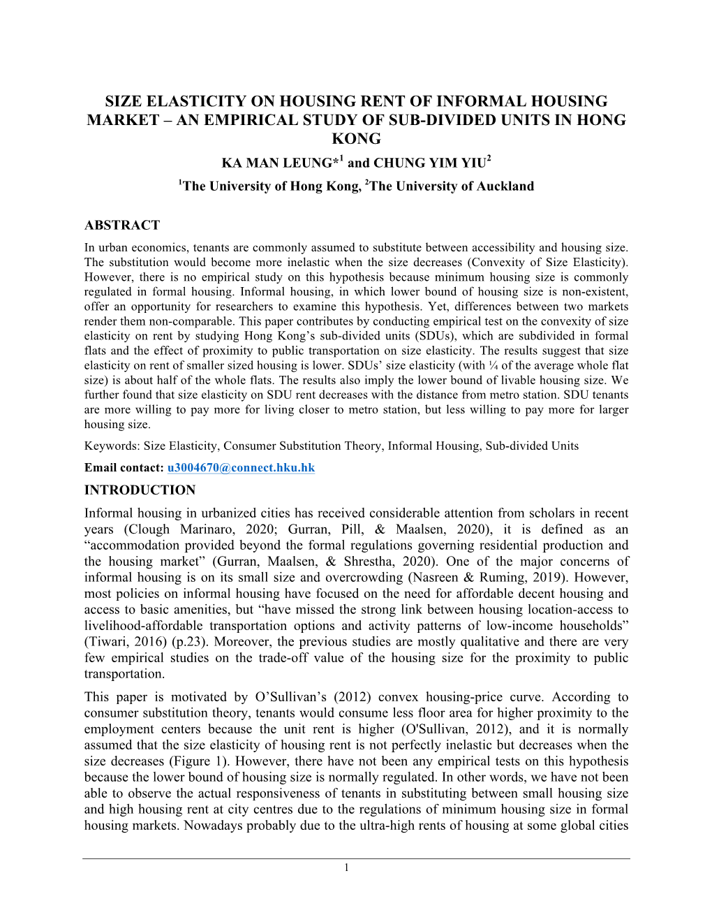 Size Elasticity on Housing Rent of Informal Housing Market