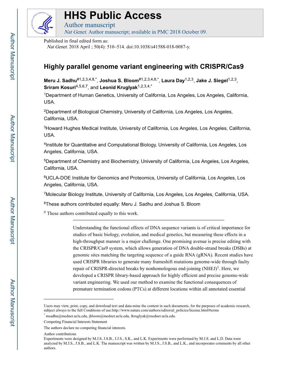 Highly Parallel Genome Variant Engineering with CRISPR/Cas9