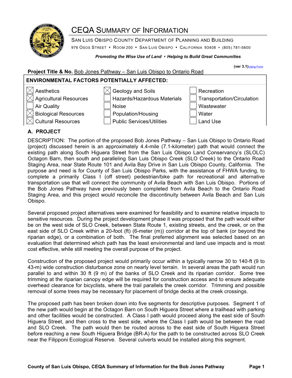 Ceqa Summary of Information San Luis Obispo County Department of Planning and Building