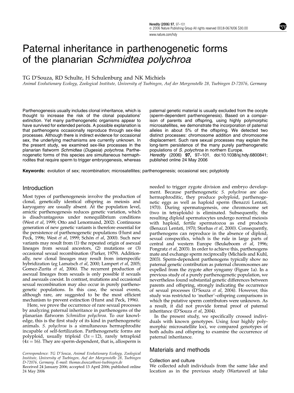 Paternal Inheritance in Parthenogenetic Forms of the Planarian Schmidtea Polychroa