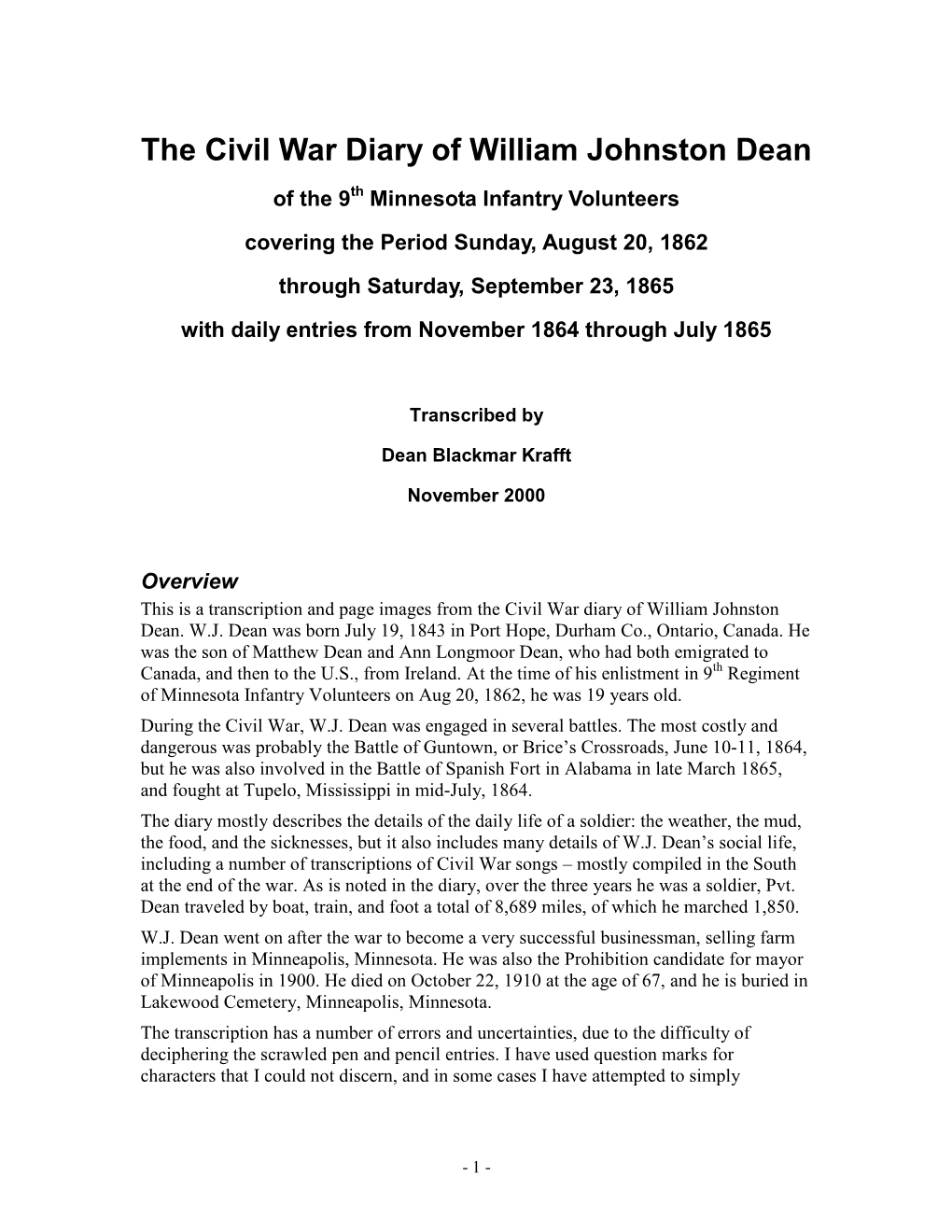 The Civil War Diary of William Johnston Dean