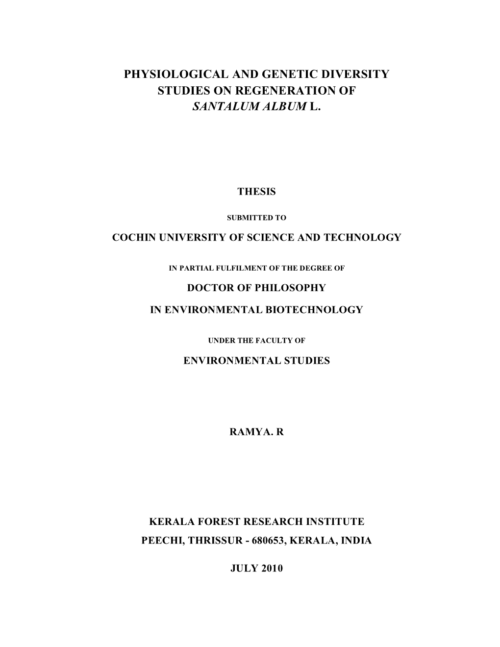 Physiological and Genetic Diversity Studies on Regeneration of Santalum Album L