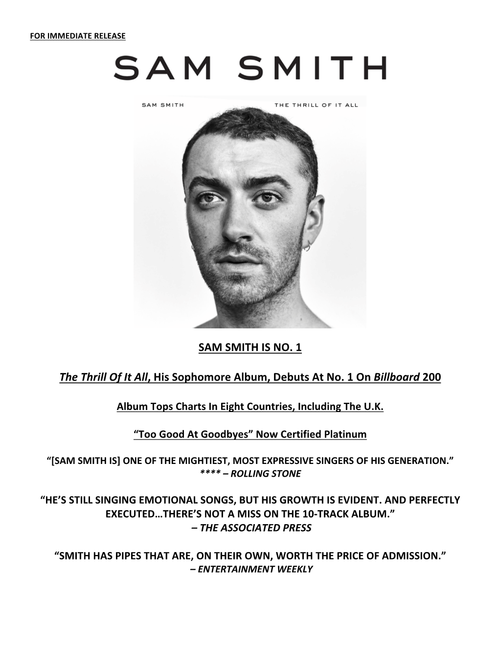 SAM SMITH IS NO. 1 the Thrill of It All, His Sophomore Album, Debuts At