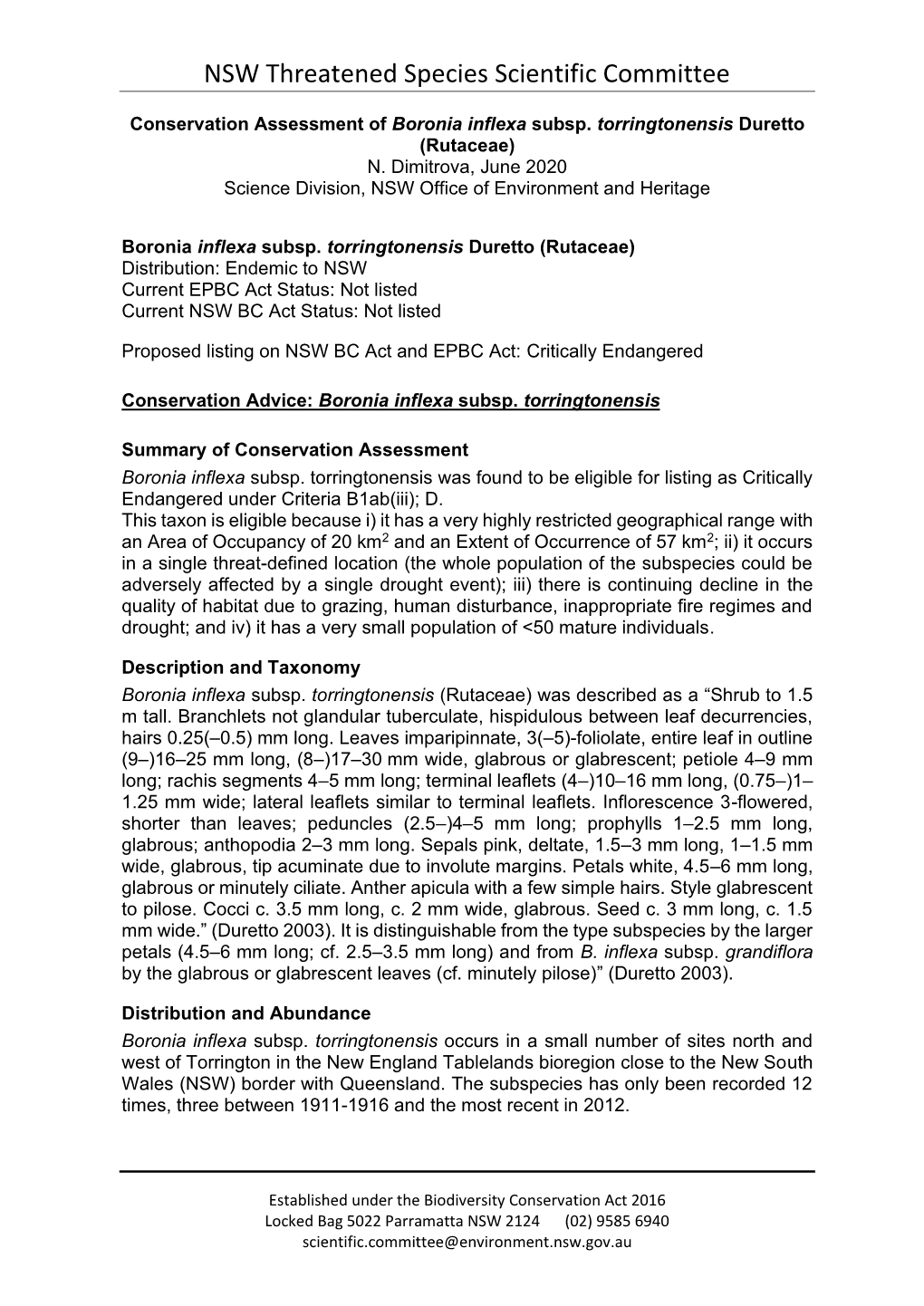 Conservation Assessment of Boronia Inflexa Subsp