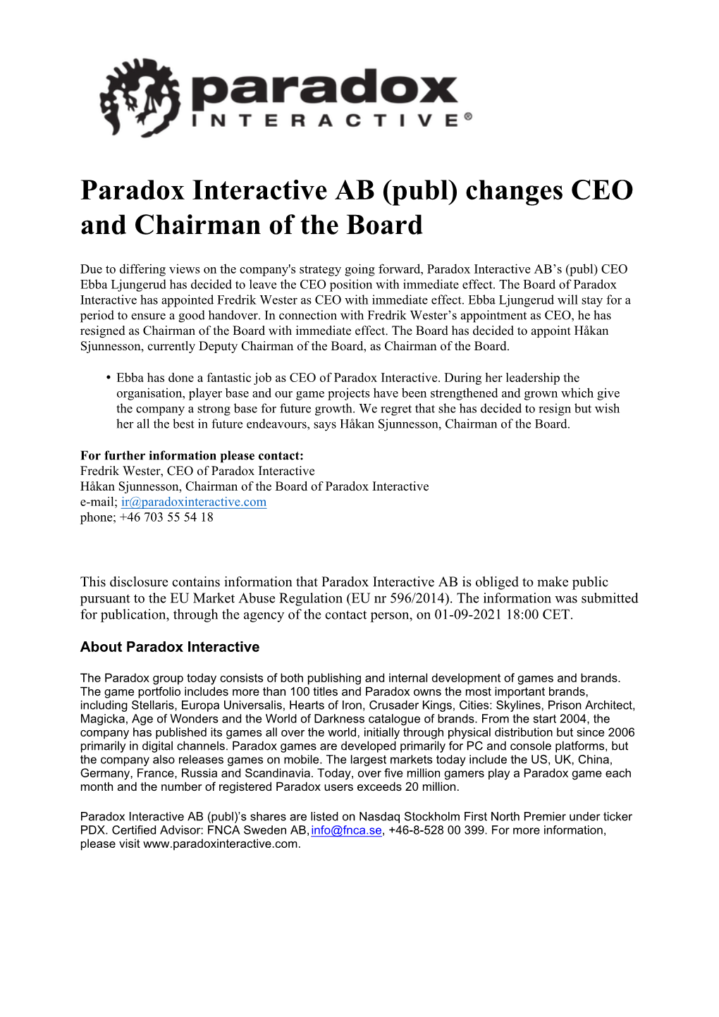 Paradox Interactive AB (Publ) Changes CEO and Chairman of the Board