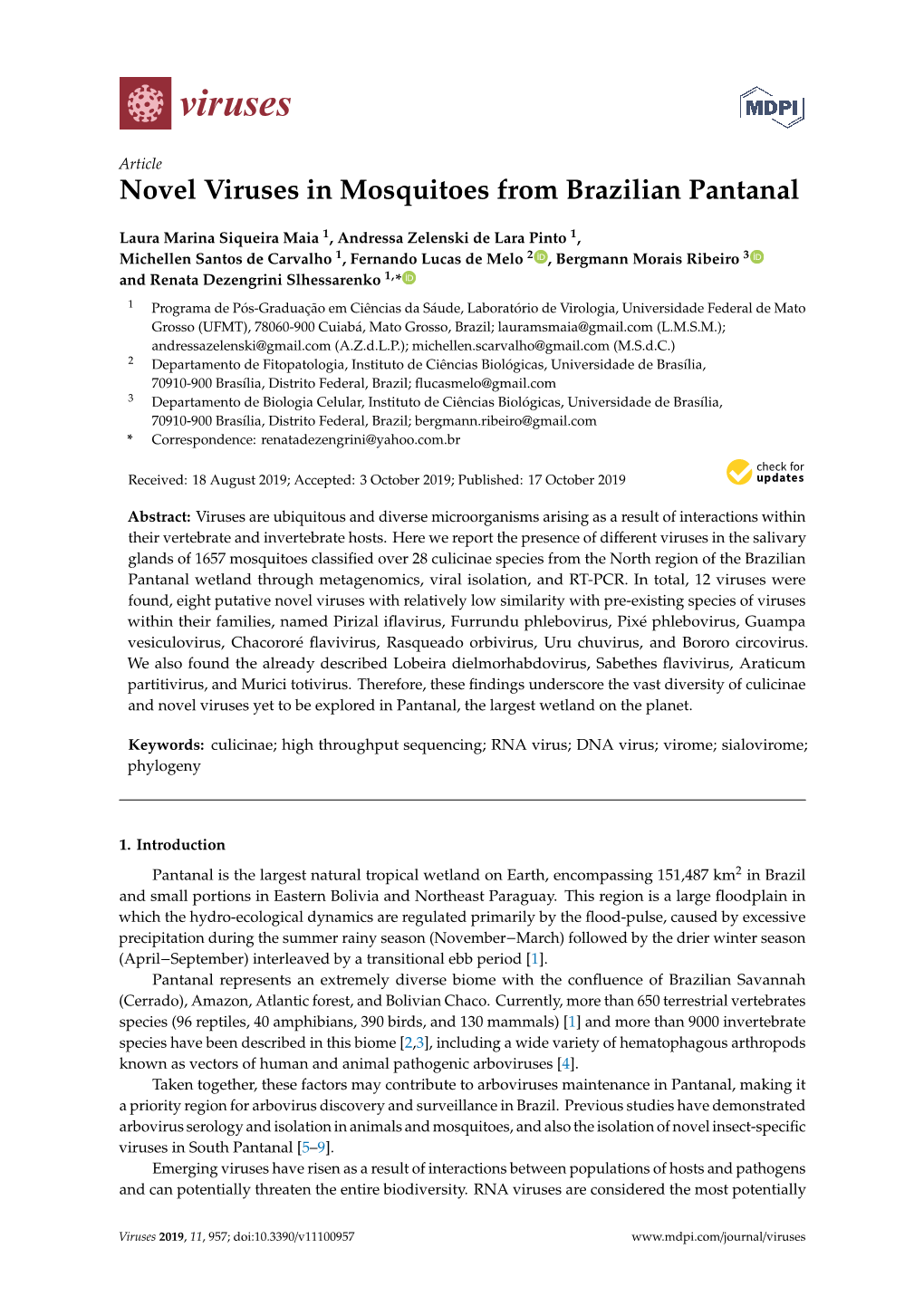 Novel Viruses in Mosquitoes from Brazilian Pantanal