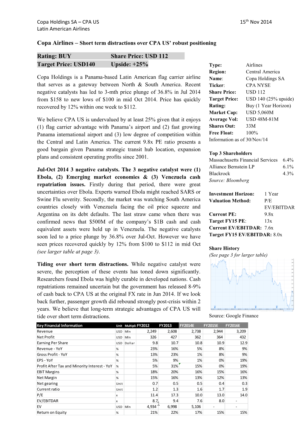 1 Rating: BUY Share Price: USD 112 Target Price: USD140 Upside: +25%